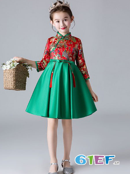 阔比豆童装品牌2019春夏新品红色女童蓬蓬纱公主裙中式儿童演出服