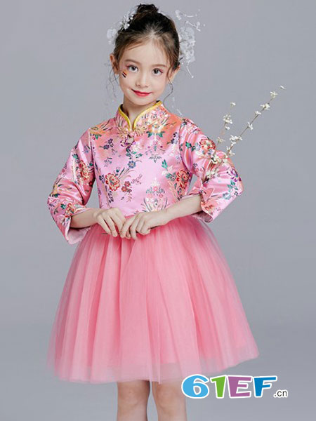 童装品牌2019春夏新品公主裙粉色女童旗袍儿童长袖蓬蓬裙中国风
