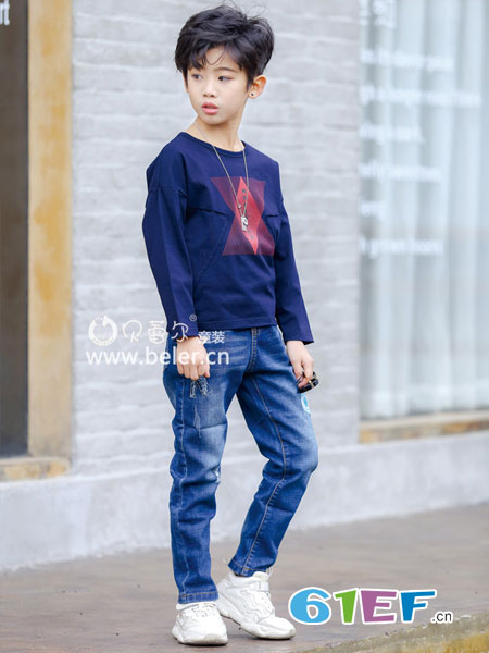 贝蕾尔童装品牌2019春季韩版潮流拼料青年圆领套头针织衫毛衫