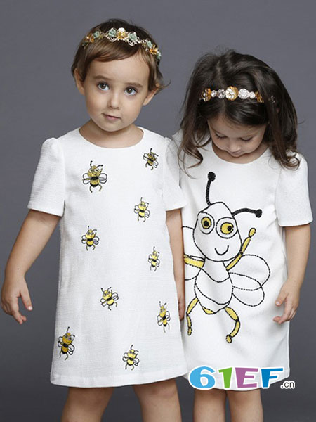 童装品牌2019春季蜜蜂刺绣短袖小裙子