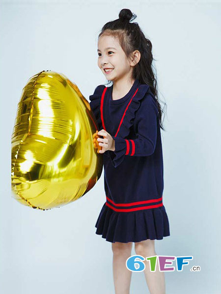 mini petrel童装品牌2019春夏圆领长袖喇叭袖针织连衣裙公主裙