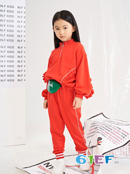 infkids童裝品牌2019春夏可愛甜酷少女拉鏈領口荷葉邊衛衣