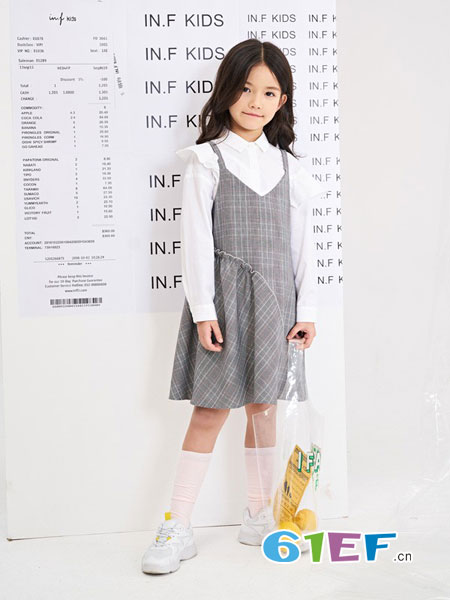 infkids童裝品牌2019春夏新款壓褶荷葉邊格紋女孩吊帶裙