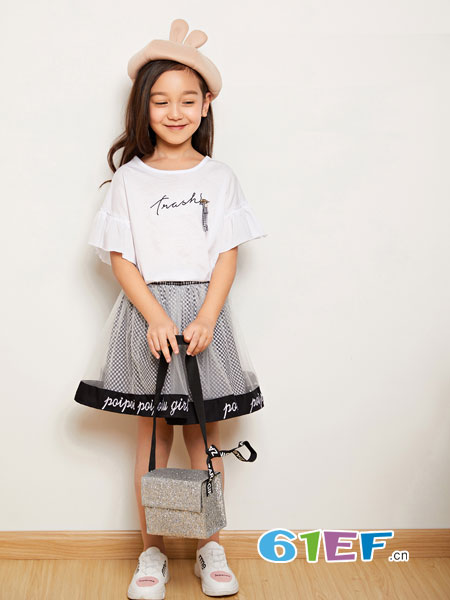 泡泡噜童装品牌2019春季新款字母印花短袖T恤纯色宽松连衣裙