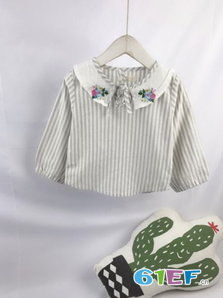 童装品牌2019春季荷叶领竖条纹衬衫刺绣花朵T恤
