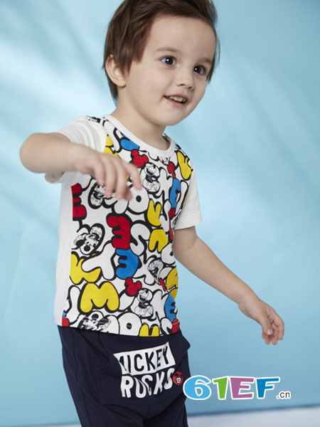 迪士尼宝宝童装品牌2019春季男童针织趣味短袖短裤套装