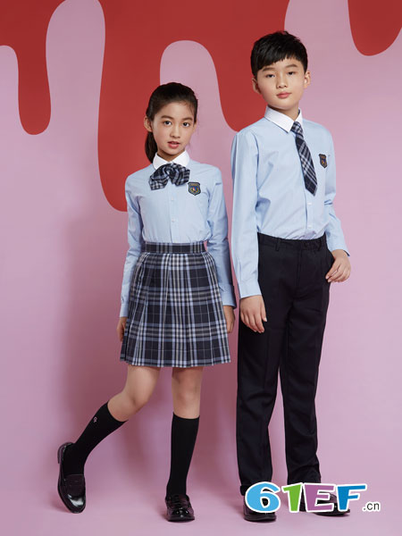 童装品牌2019春夏日韩蓝白条长袖衬衫英伦学院风 儿童衬衣