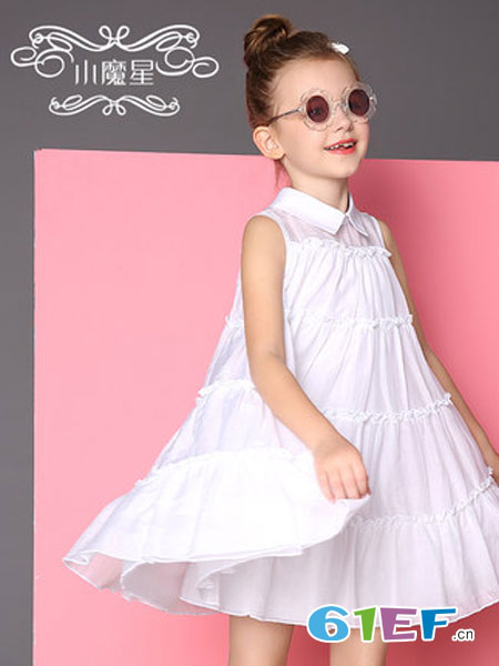 小魔星童装品牌2019春夏儿童裙子娃娃领宽松褶皱女孩裙