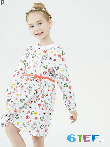 加比瑞童装品牌2019春季娃娃领长袖连衣裙中大童纯棉印花裙