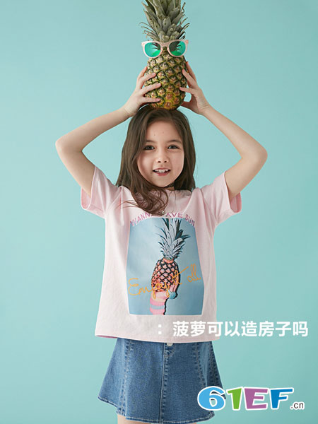童装品牌2019春夏纯棉宽松可爱印花粉色圆领短袖T恤女