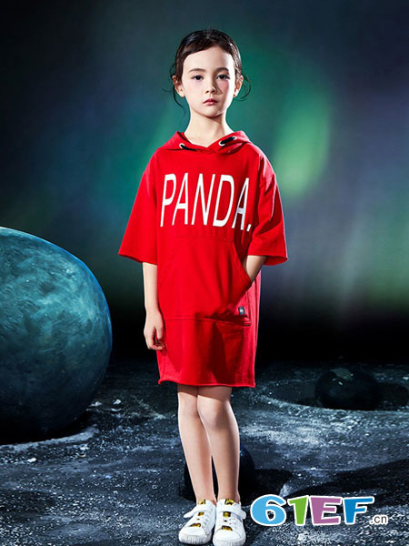 Pandasfriend童装品牌2019春夏女童连衣裙全棉胶印字母休闲连帽短袖连衣裙