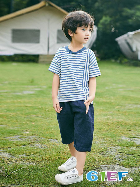 童年领域童装品牌2019春夏休闲怀旧蓝白条纹海魂衫T恤短袖宽松