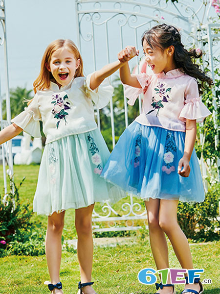 卡儿菲特童装品牌2019春夏中式民族中国风刺绣花小衫民国唐装裙子两件套装