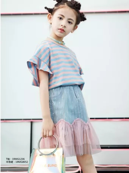 温琪可可童装品牌2019春夏棉麻扭结露背条纹打底衫T恤