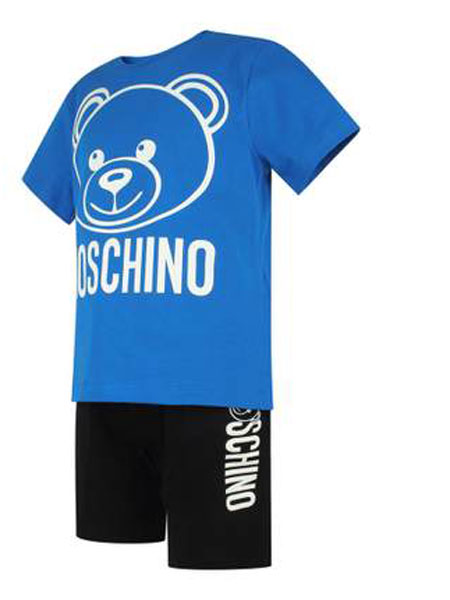 莫斯奇诺MOSCHINO童装品牌2019春季蓝色配黑色棉质小熊图案短袖套装