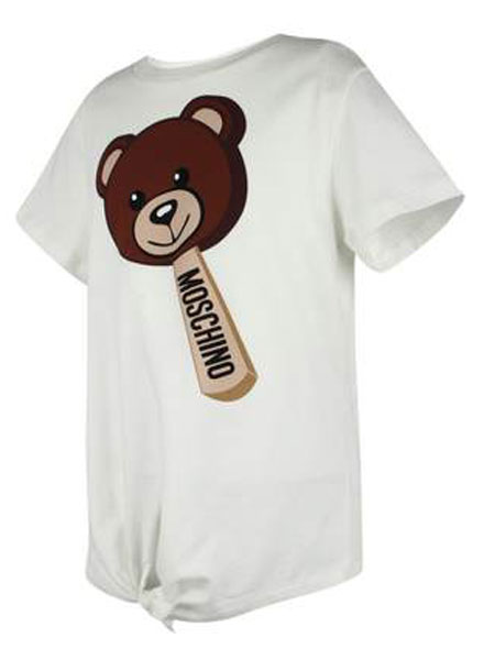 莫斯奇诺MOSCHINO童装品牌2019春季白色棉质小熊图案圆领短袖T恤
