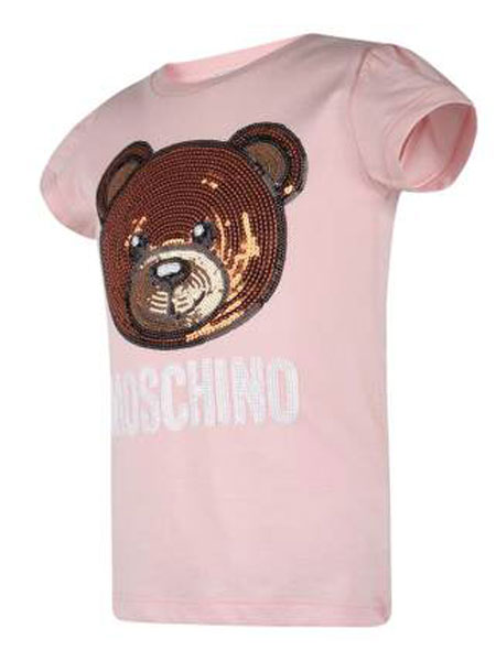 莫斯奇诺MOSCHINO童装品牌2019春季粉色棉质亮片小熊图案短袖T恤