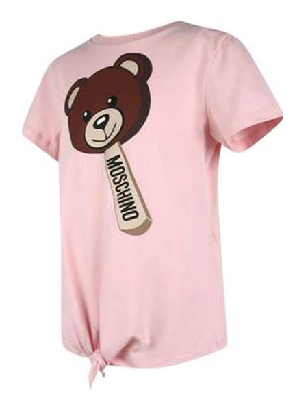 莫斯奇诺MOSCHINO童装品牌2019春季粉色棉质小熊图案圆领短袖T恤
