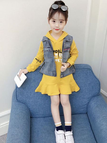 布E乐童童装品牌2019秋冬韩版时髦牛仔潮衣儿童洋气卫衣连衣裙两件套