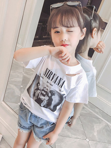 布E乐童童装品牌2019春夏白色纯棉时尚半袖打底衫女孩洋气t恤