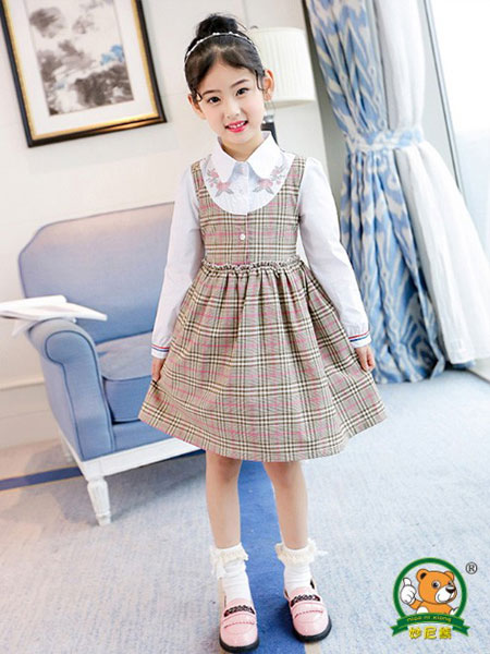童装品牌2019春夏甜美女孩格子长袖连衣裙