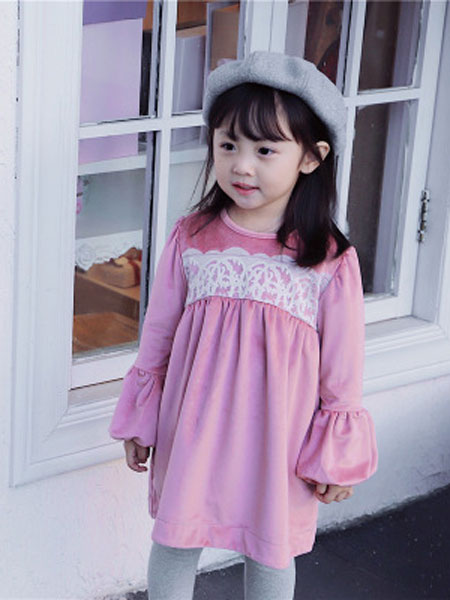 韩芽儿童装品牌2019春夏蕾丝圆领灯笼袖儿童连衣裙中小童