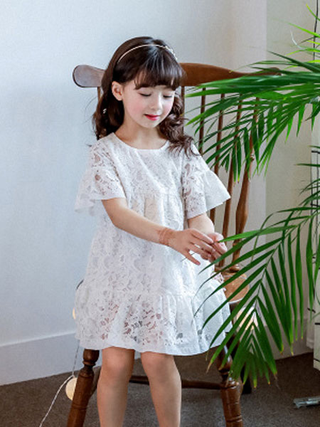 韩芽儿童装品牌2019春夏韩版童裙白色蕾丝喇叭袖 女童连衣裙公主裙