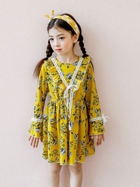 韩芽儿童装品牌2019春夏雪纺印花女童连衣裙荷叶边喇叭袖儿童裙子