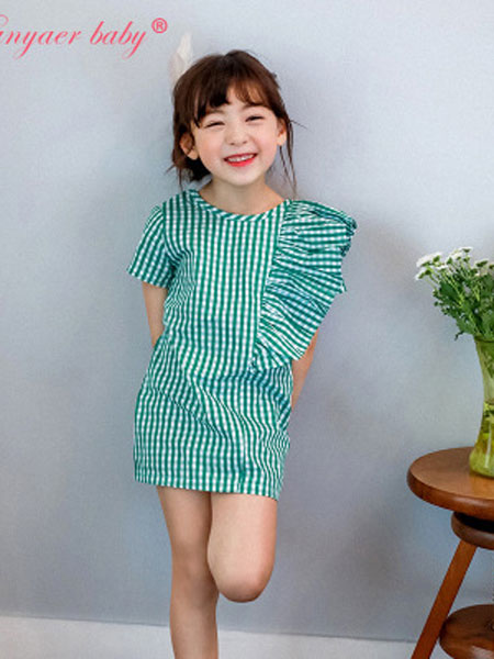 韩芽儿童装品牌2019春夏女童荷叶边格子裙儿童连衣裙
