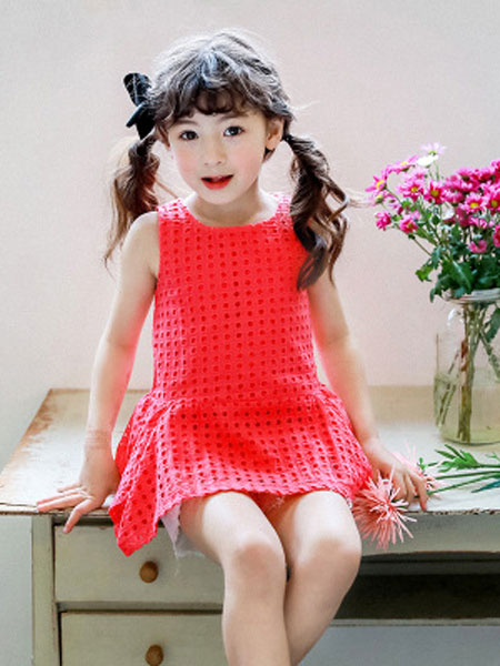 韩芽儿童装品牌2019春夏韩版红色镂空中小童无袖童T恤
