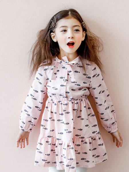 韩芽儿童装品牌2019春夏韩版可爱印花长袖儿童裙子
