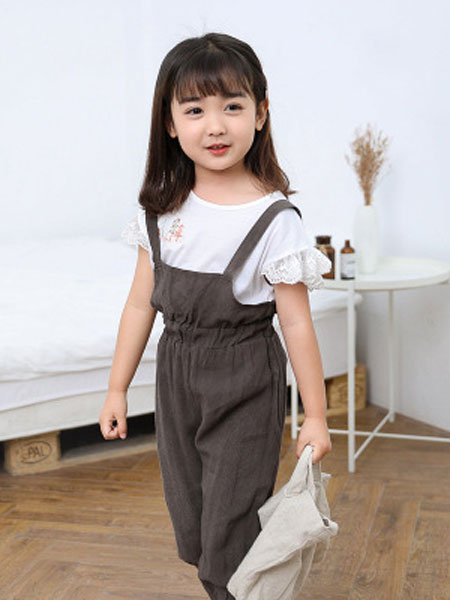 韩芽儿童装品牌2019春夏蕾丝小飞袖白色纯棉T恤