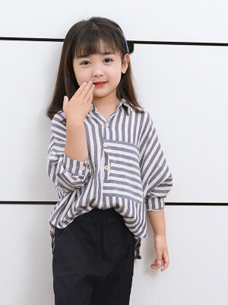 韩芽儿童装品牌2019春夏韩版宽松五分袖条纹衬衣
