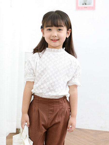 韩芽儿童装品牌2019春夏纯棉绣花短袖儿童上衣娃娃衫