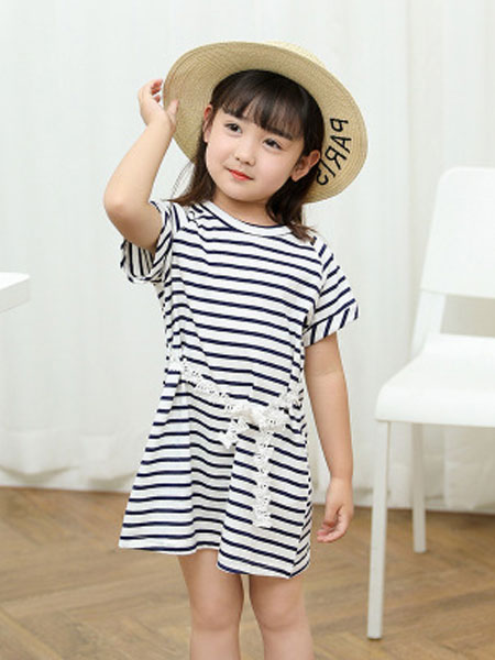 韩芽儿童装品牌2019春夏韩版蕾丝腰带条纹女童连衣裙