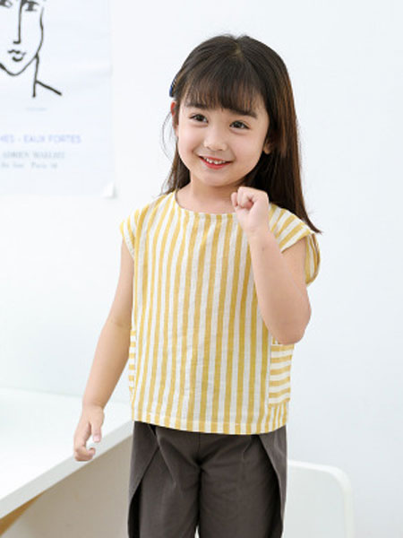 韩芽儿童装品牌2019春夏韩版棉麻条纹短袖儿童上衣
