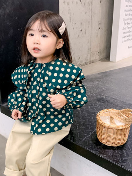 童装品牌2019春夏韩版荷叶花边长袖衬衣圆点印花衬衫潮
