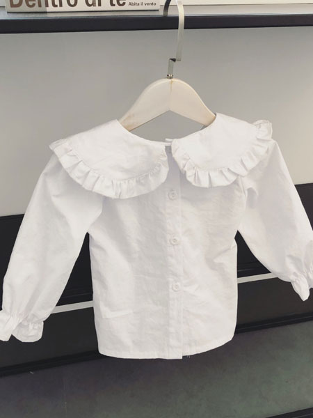 椰木童装品牌2019春夏白色百搭大荷叶领白衬衫宝宝两面穿上衣全棉