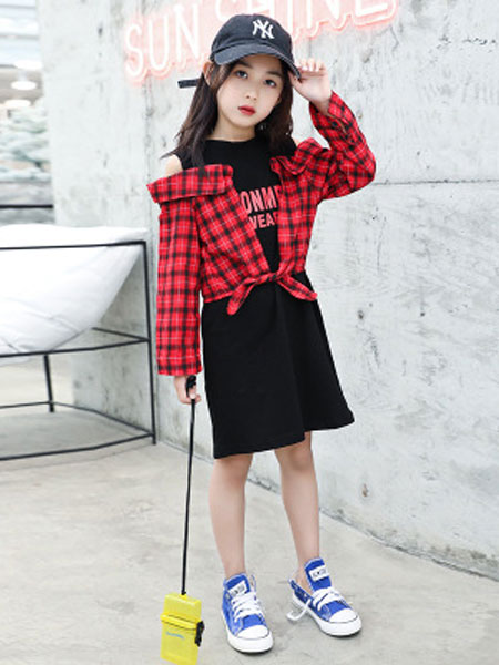 萌顺童装品牌2019春夏洋气假两件格子衬衣韩版长袖娃娃衫上衣