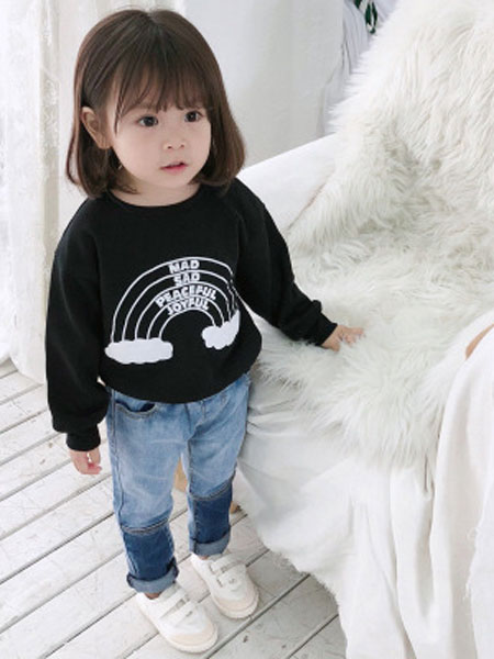 童装品牌2019春夏纯棉毛圈布彩虹蝙蝠袖T恤