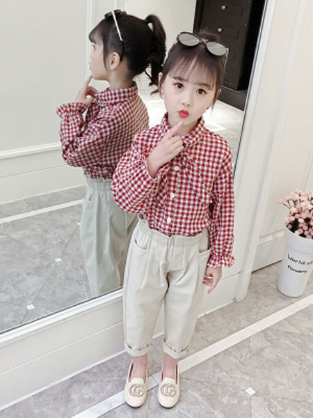 童装品牌2019春夏潮范格子印花上衣纯色裤子