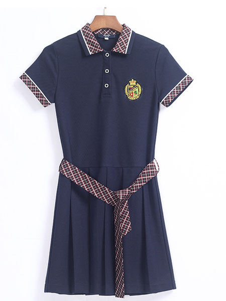 童装品牌2019春季学生短袖藏蓝色连衣裙