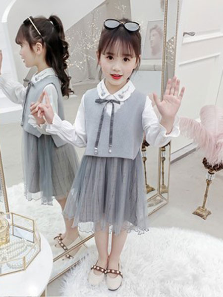 童装品牌2019春夏纯色网纱长袖连衣裙