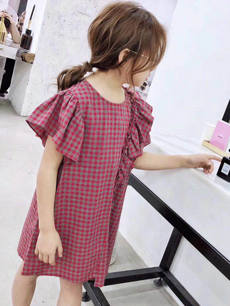 木子MUUZI童装品牌2019春夏格子个性木耳边短袖连衣裙