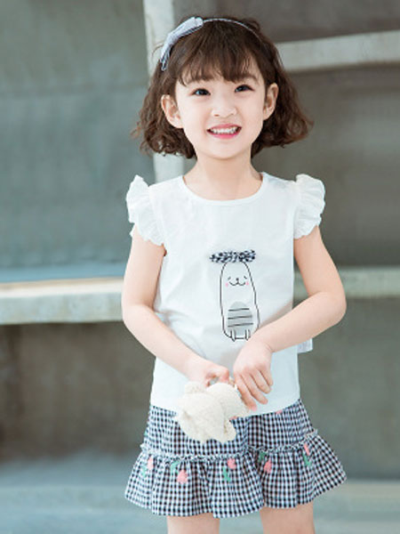 童装品牌2019春夏卡通蝴蝶结短袖T恤+黑白格半身裙