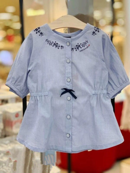 童装品牌2019春夏蝴蝶结收腰圆领衬衫蓝色长款衫