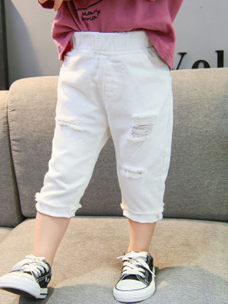 童装品牌2019春夏柔软舒适破洞设计白色牛仔七分裤