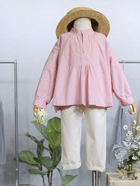 EHHE/卡卡鹿童装品牌2019春夏时尚女孩条纹宽松衬衣纯棉娃娃衫上衣