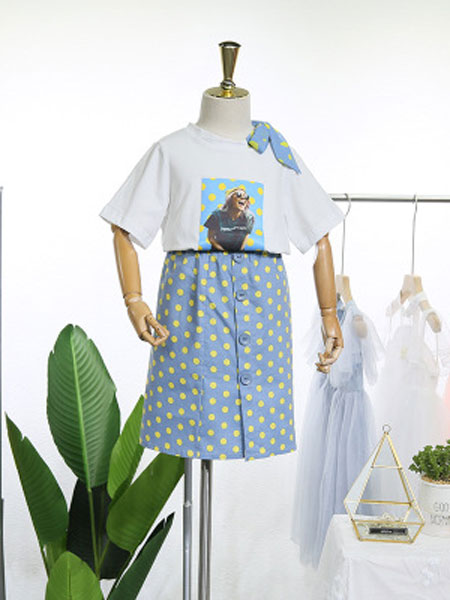 EHHE/卡卡鹿童装品牌2019春夏时尚系带印花短袖T恤高腰波点包臀半身裙