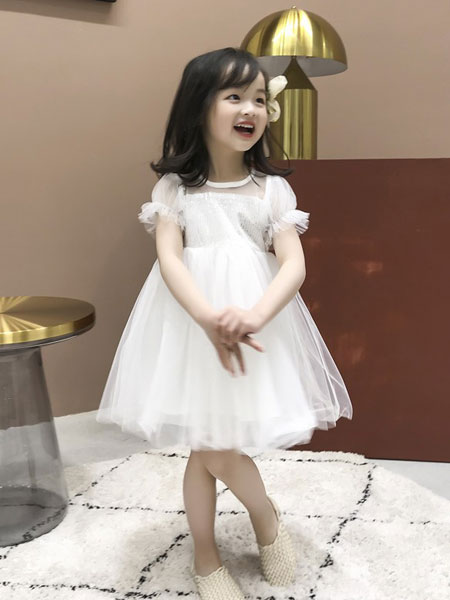 童装品牌2019春夏韩版蕾丝前襟白色公主裙蓬蓬连衣裙